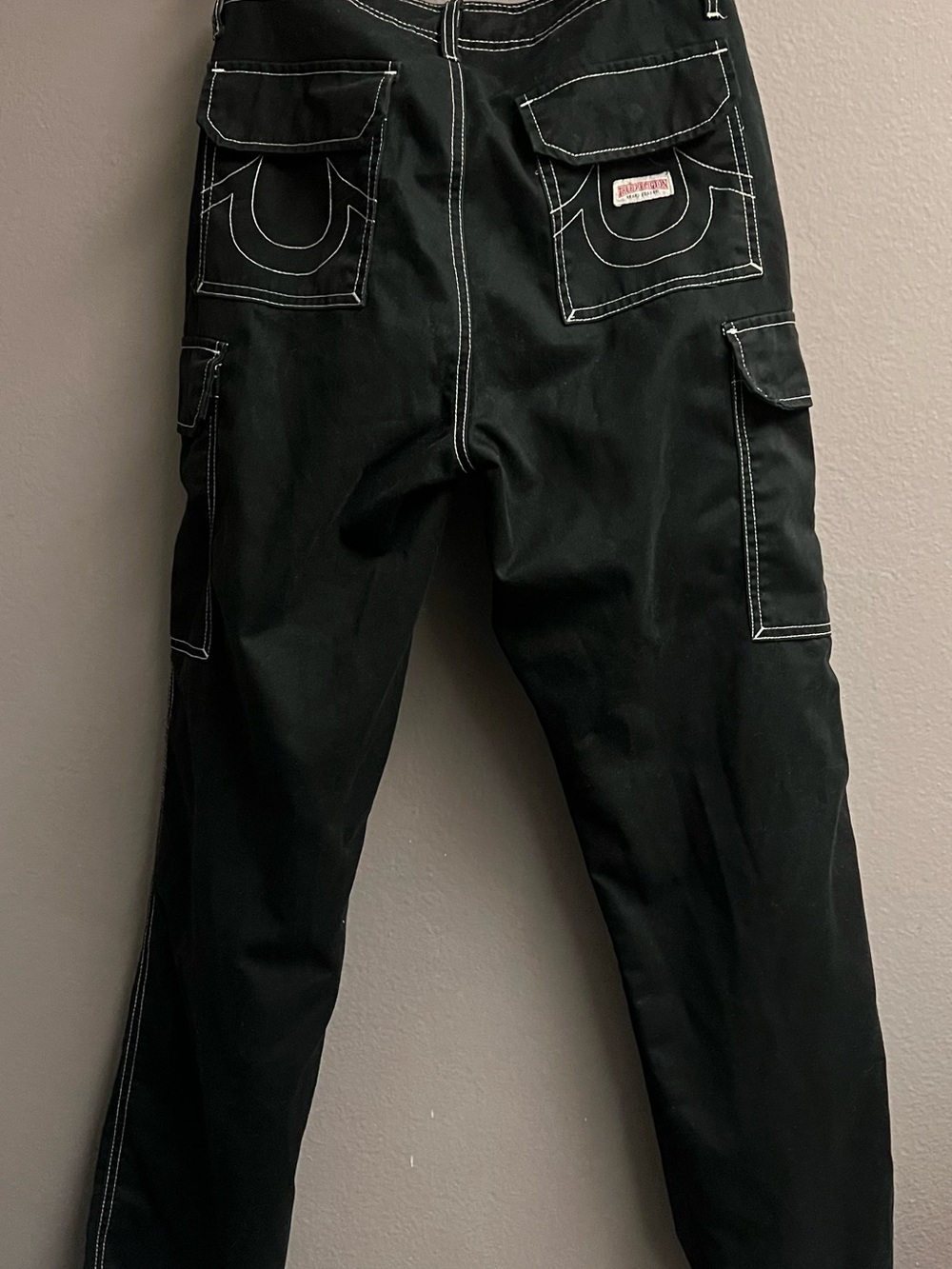 True Religion Black Cargo Jeans with White Contrast Stitching